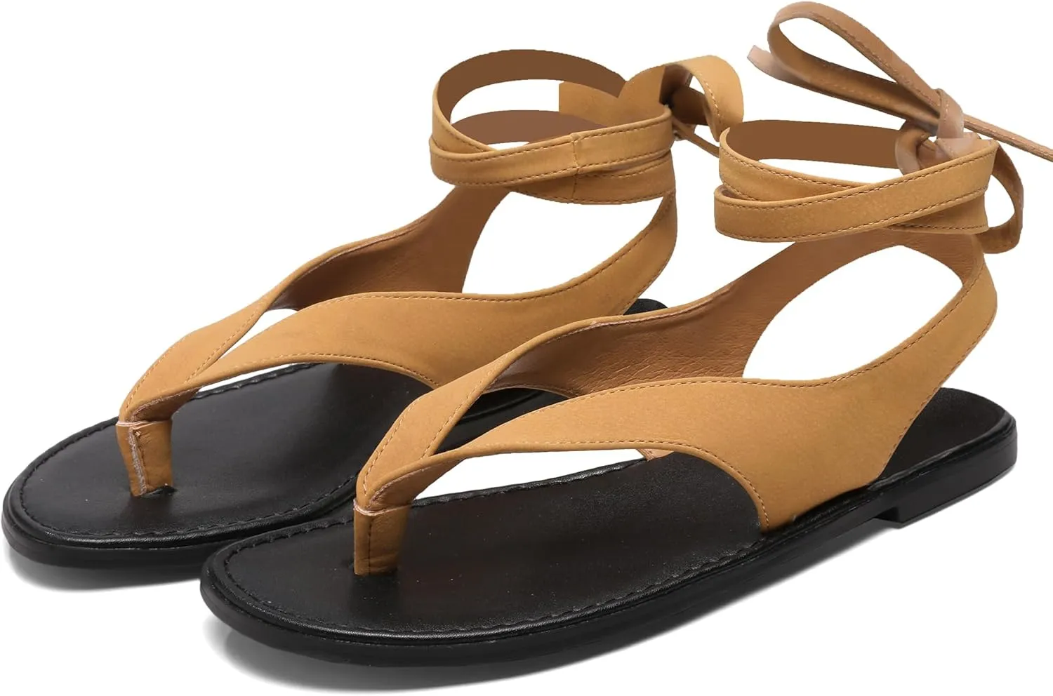 Ankle Strap Flat Sandals for Women Comfortable Lace Up T-Strap Slip on Flip Flops Flats Ladies Fashion Cute Thong Sandals Summer Soft Flip Flops Sandals