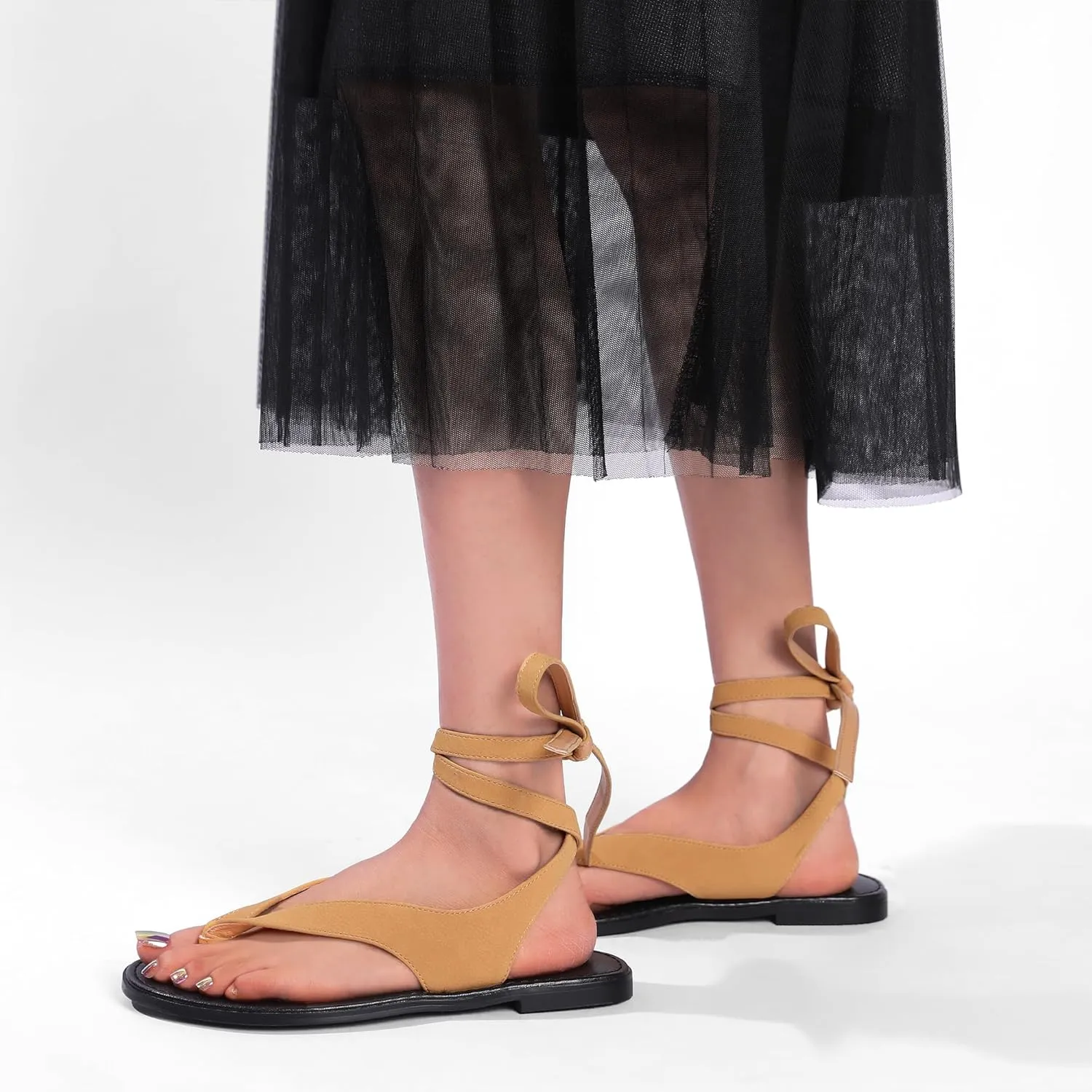 Ankle Strap Flat Sandals for Women Comfortable Lace Up T-Strap Slip on Flip Flops Flats Ladies Fashion Cute Thong Sandals Summer Soft Flip Flops Sandals