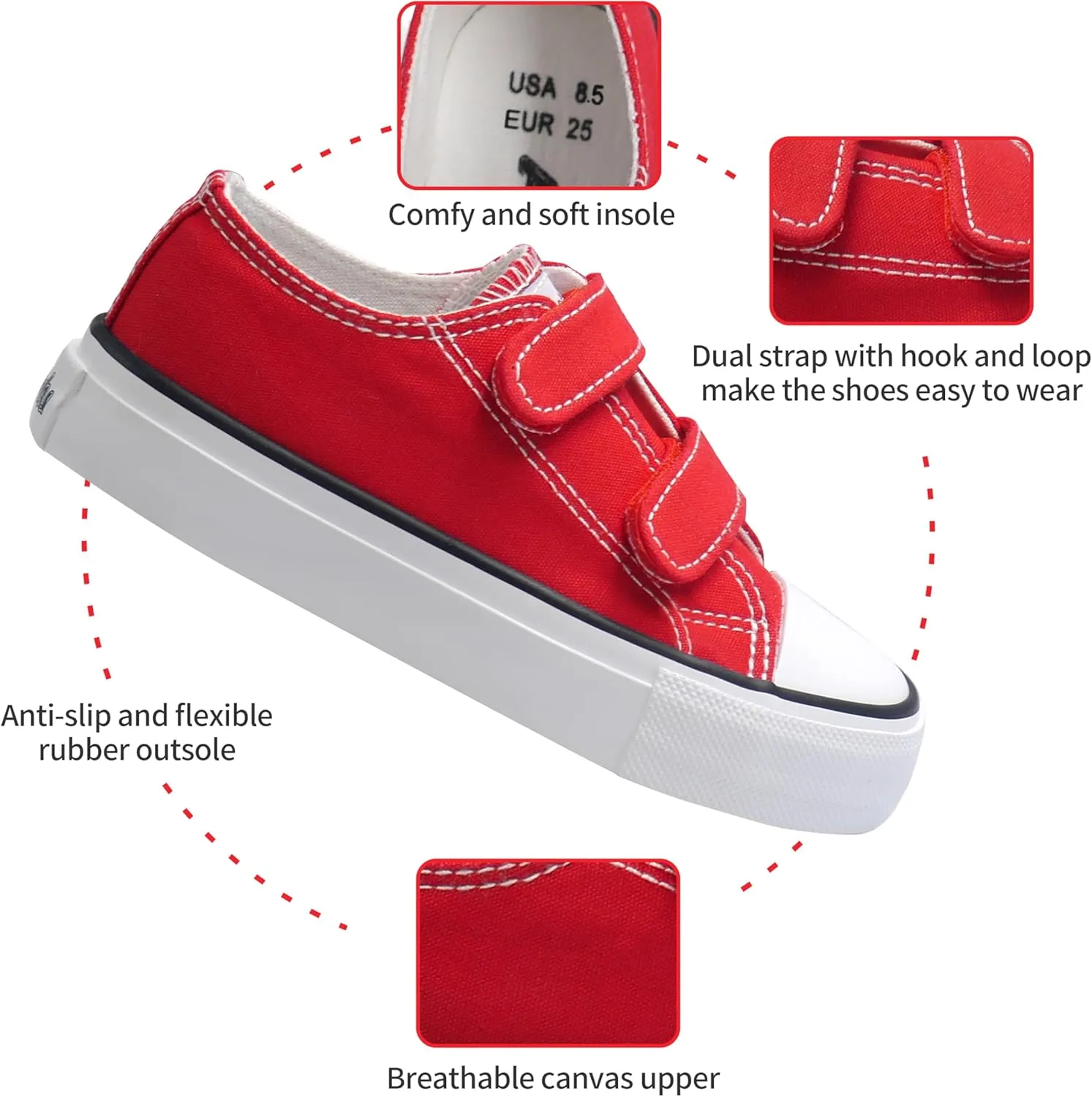 ANTLULU Boys and Girls Canvas Shoes Dual Adjustable Hook and Loop Classic Low Top Kids Sneakers