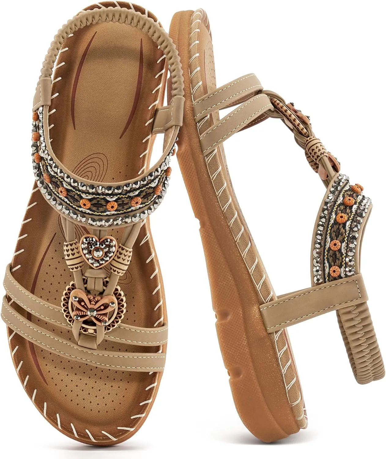 Aomigoct Sandals Women Flat Shoes: Dressy Summer Bohemian Flats Shoes for Women Sandals Comfortable Ankle Strap Outdoor Walking