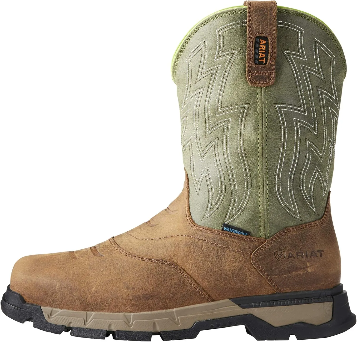 ARIAT Rebar Flex Western Comp Toe H20 Rye Brown H20-10" Olive Green Top