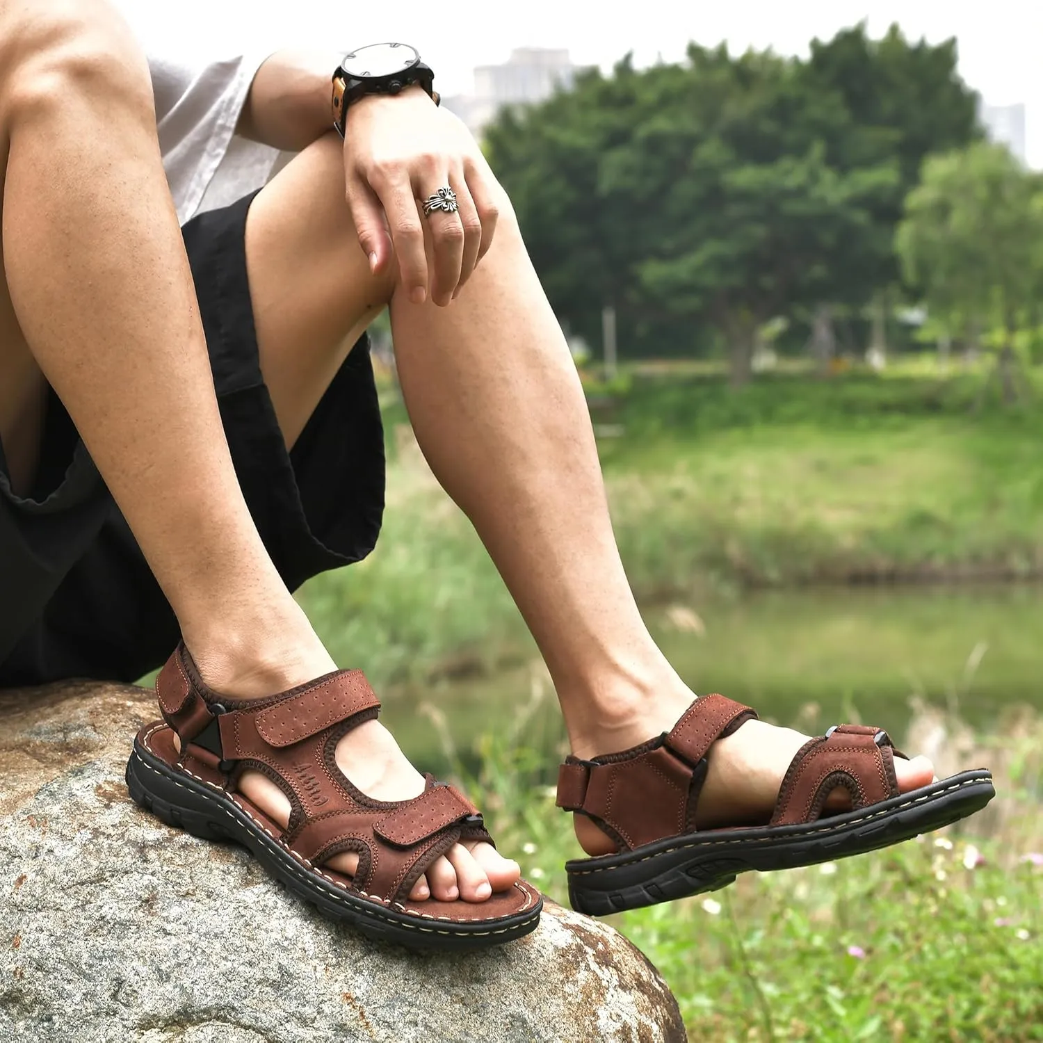 Arkbird Men's Leather Sandals Athletic Fisherman Sandal Outdoor Comfortable and Stylish Casual Summer Slip On Shoes for Men