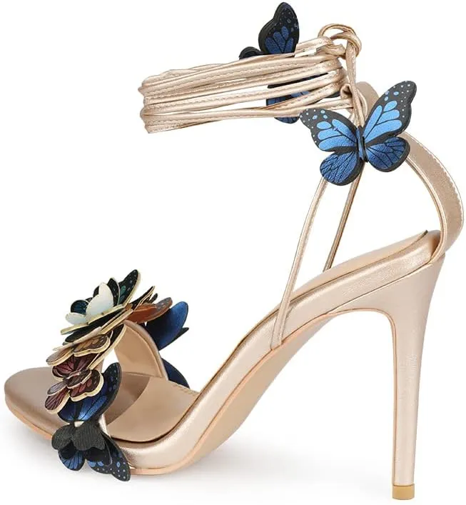 Arqa Strappy Sandals for Women Butterfly Ankle Wrap Stiletto High Heels Open Toe Suede Lace-up Heeled Sandal Wedding Bride Dressy Pumps