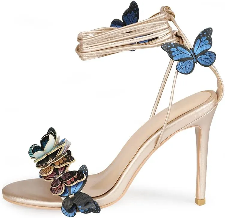 Arqa Strappy Sandals for Women Butterfly Ankle Wrap Stiletto High Heels Open Toe Suede Lace-up Heeled Sandal Wedding Bride Dressy Pumps