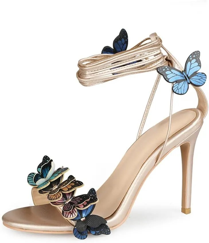 Arqa Strappy Sandals for Women Butterfly Ankle Wrap Stiletto High Heels Open Toe Suede Lace-up Heeled Sandal Wedding Bride Dressy Pumps