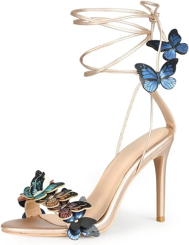 Arqa Strappy Sandals for Women Butterfly Ankle Wrap Stiletto High Heels Open Toe Suede Lace-up Heeled Sandal Wedding Bride Dressy Pumps