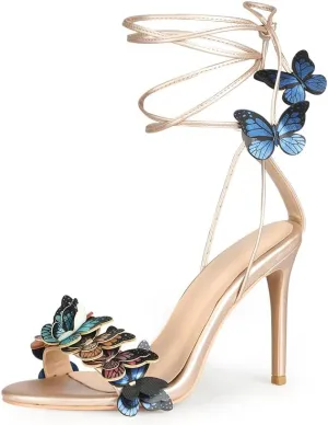 Arqa Strappy Sandals for Women Butterfly Ankle Wrap Stiletto High Heels Open Toe Suede Lace-up Heeled Sandal Wedding Bride Dressy Pumps