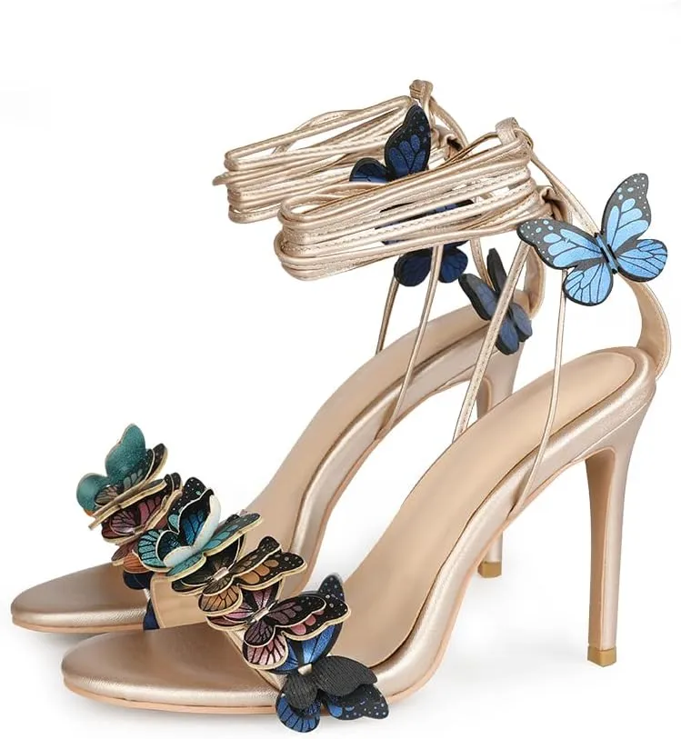 Arqa Strappy Sandals for Women Butterfly Ankle Wrap Stiletto High Heels Open Toe Suede Lace-up Heeled Sandal Wedding Bride Dressy Pumps