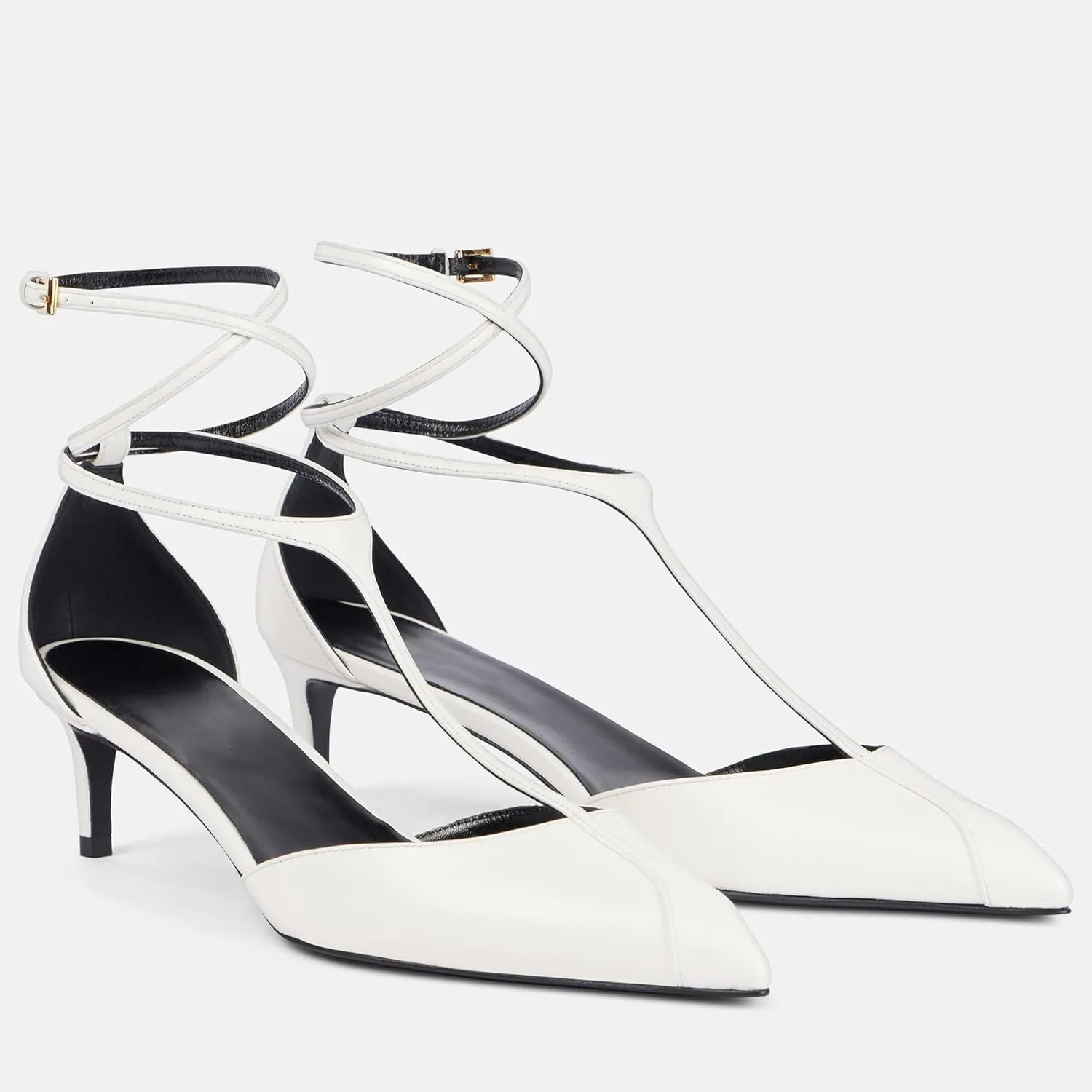 Arqa Women's T-strap Pumps Ribbon Bands Loop Ankle with Gold Buckle Pointed Toe Kitten Heel Sandals Elegant Wedding Party Dressy Low Heels