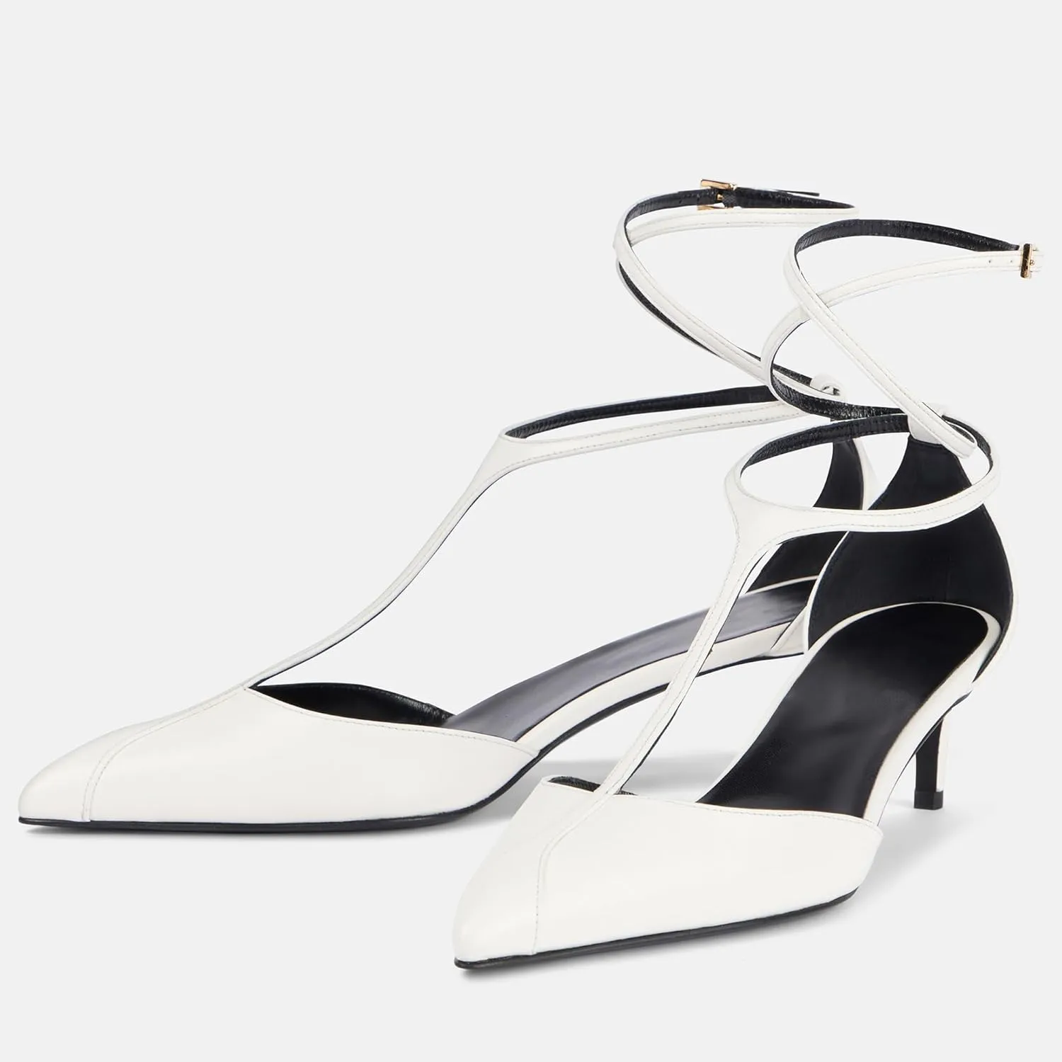 Arqa Women's T-strap Pumps Ribbon Bands Loop Ankle with Gold Buckle Pointed Toe Kitten Heel Sandals Elegant Wedding Party Dressy Low Heels