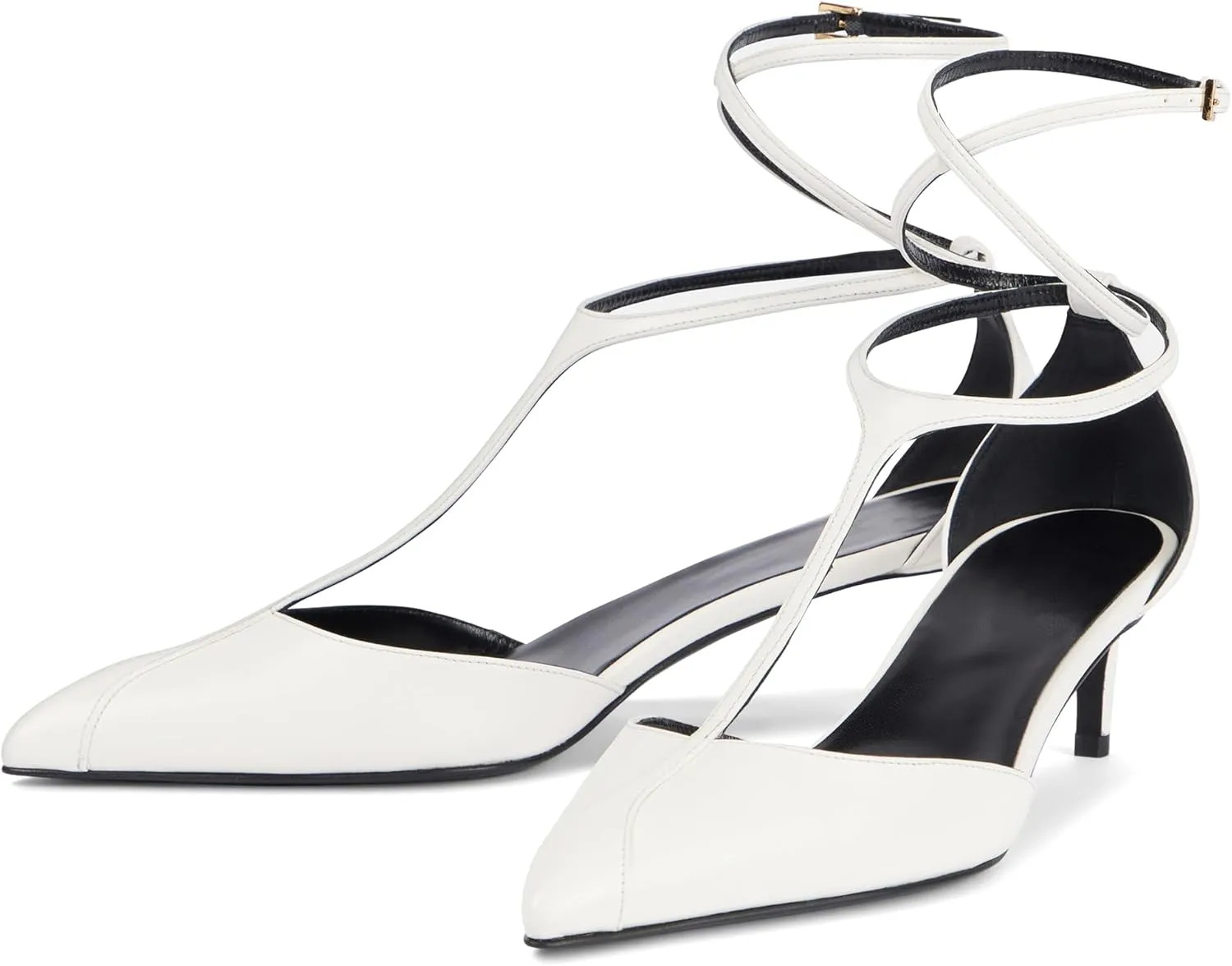 Arqa Women's T-strap Pumps Ribbon Bands Loop Ankle with Gold Buckle Pointed Toe Kitten Heel Sandals Elegant Wedding Party Dressy Low Heels