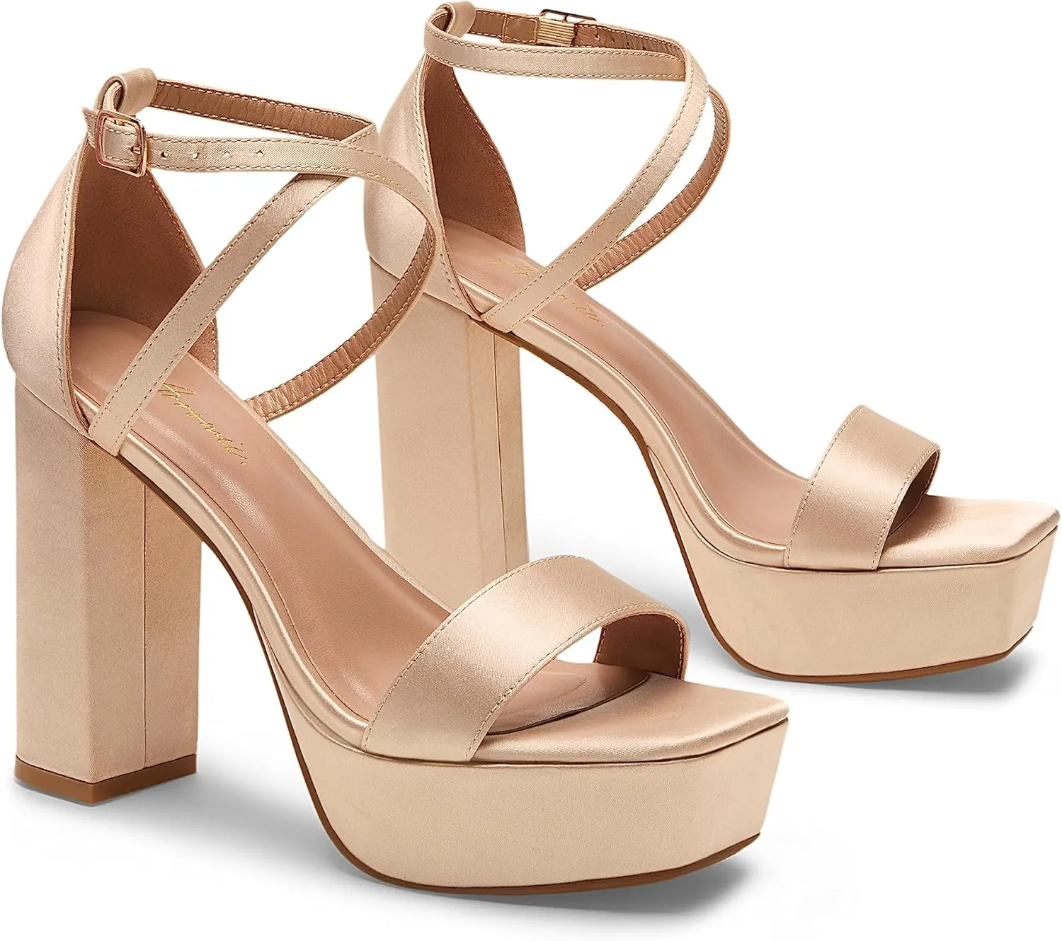 Arromic Women's Platform Heels High Chunky Sandals 4.5 Inches Square Open Toe Heeled Sandals Pink Gold White Black Nude Strappy Ankle Strap Sexy Pumps Y2K Dress Party Wedding Shoes
