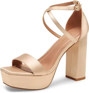 Arromic Women's Platform Heels High Chunky Sandals 4.5 Inches Square Open Toe Heeled Sandals Pink Gold White Black Nude Strappy Ankle Strap Sexy Pumps Y2K Dress Party Wedding Shoes