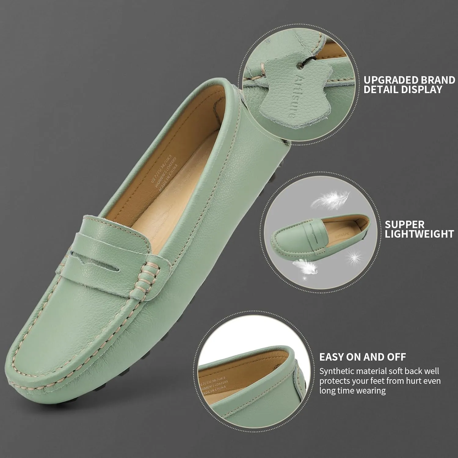 Artisure Women's Classic Comfort Leather Penny Loafers Casual Slip-Ons Lightweight Walking Flats Driving Mocs Boat Shoes