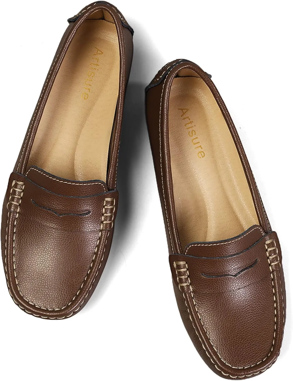 Artisure Women's Classic Comfort Leather Penny Loafers Casual Slip-Ons Lightweight Walking Flats Driving Mocs Boat Shoes