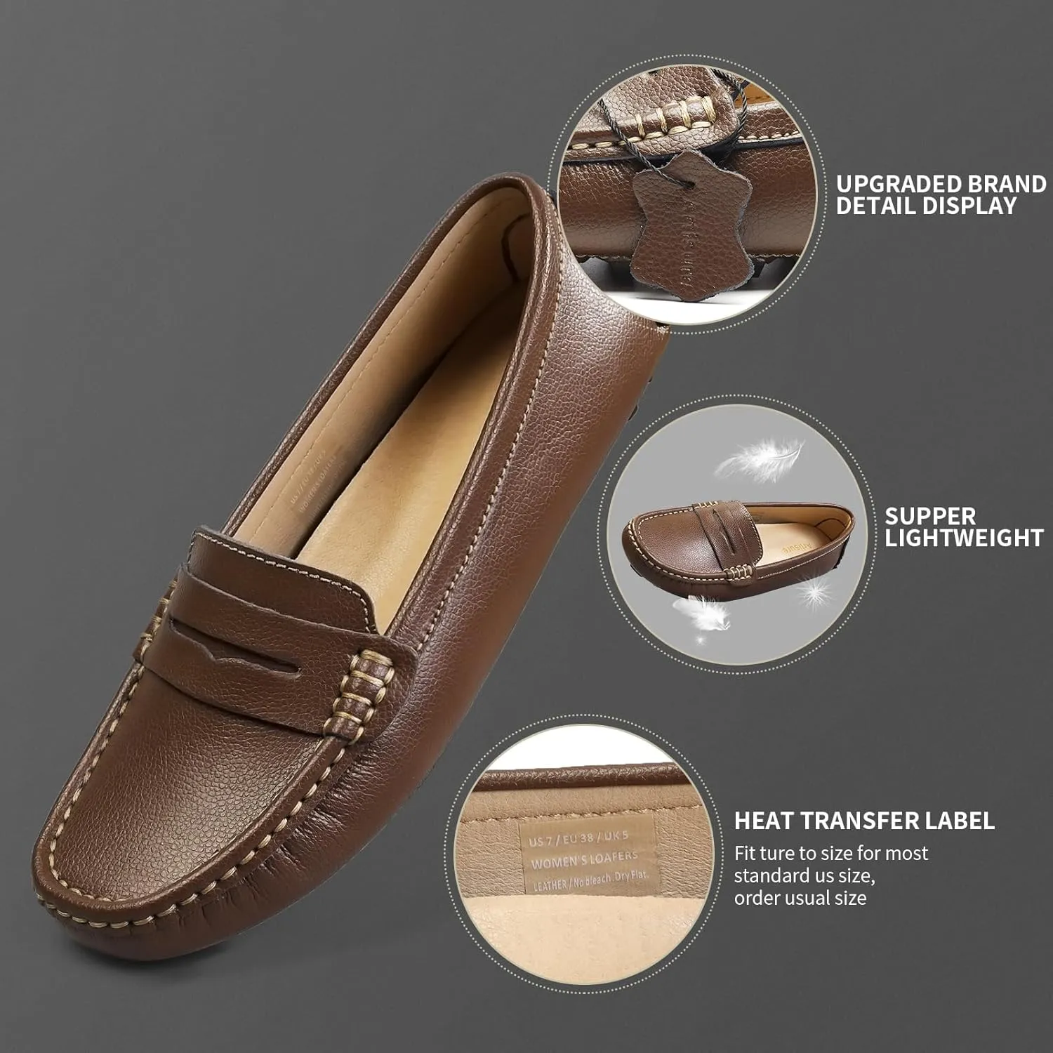 Artisure Women's Classic Comfort Leather Penny Loafers Casual Slip-Ons Lightweight Walking Flats Driving Mocs Boat Shoes