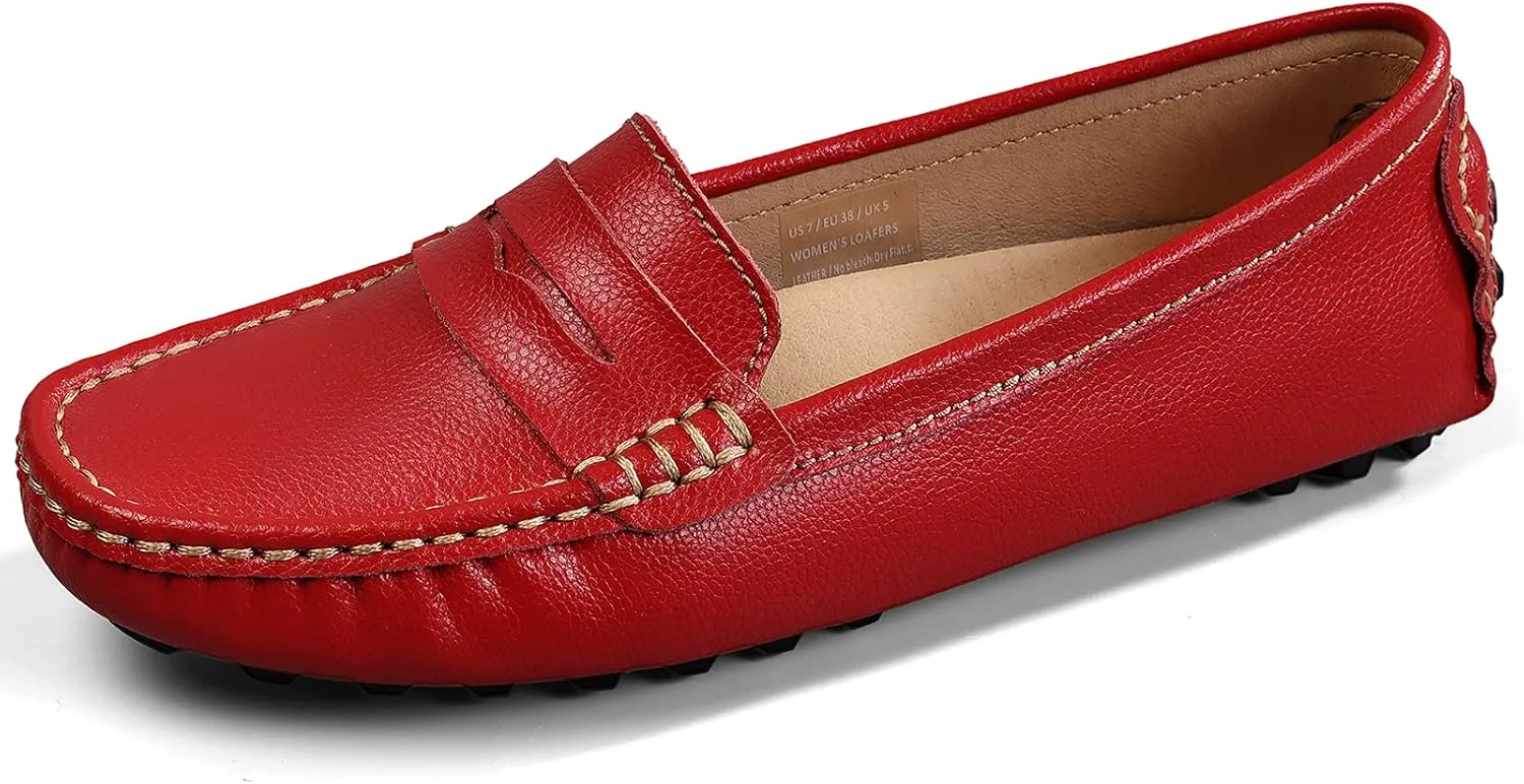 Artisure Women's Classic Comfort Leather Penny Loafers Casual Slip-Ons Lightweight Walking Flats Driving Mocs Boat Shoes