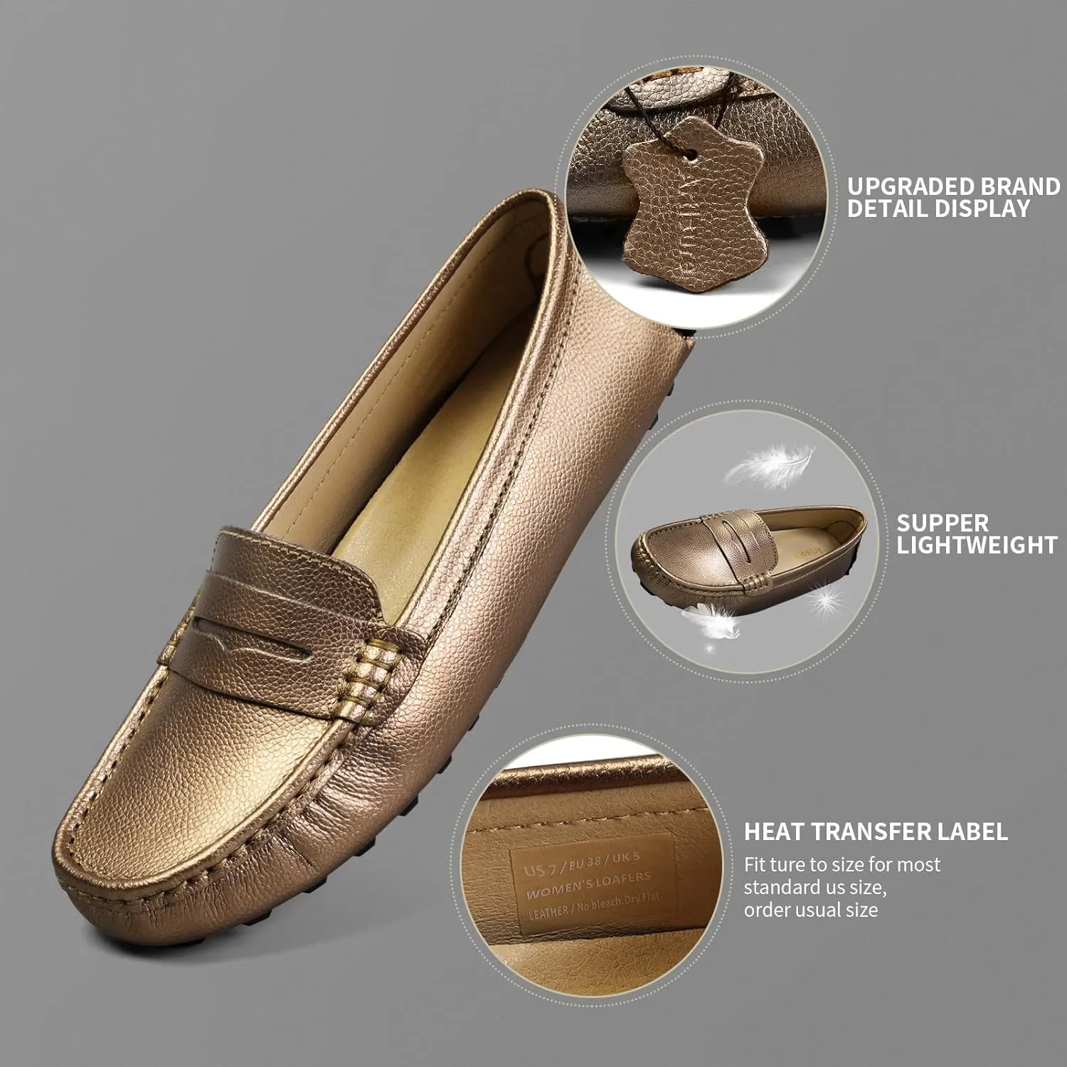 Artisure Women's Classic Comfort Leather Penny Loafers Casual Slip-Ons Lightweight Walking Flats Driving Mocs Boat Shoes