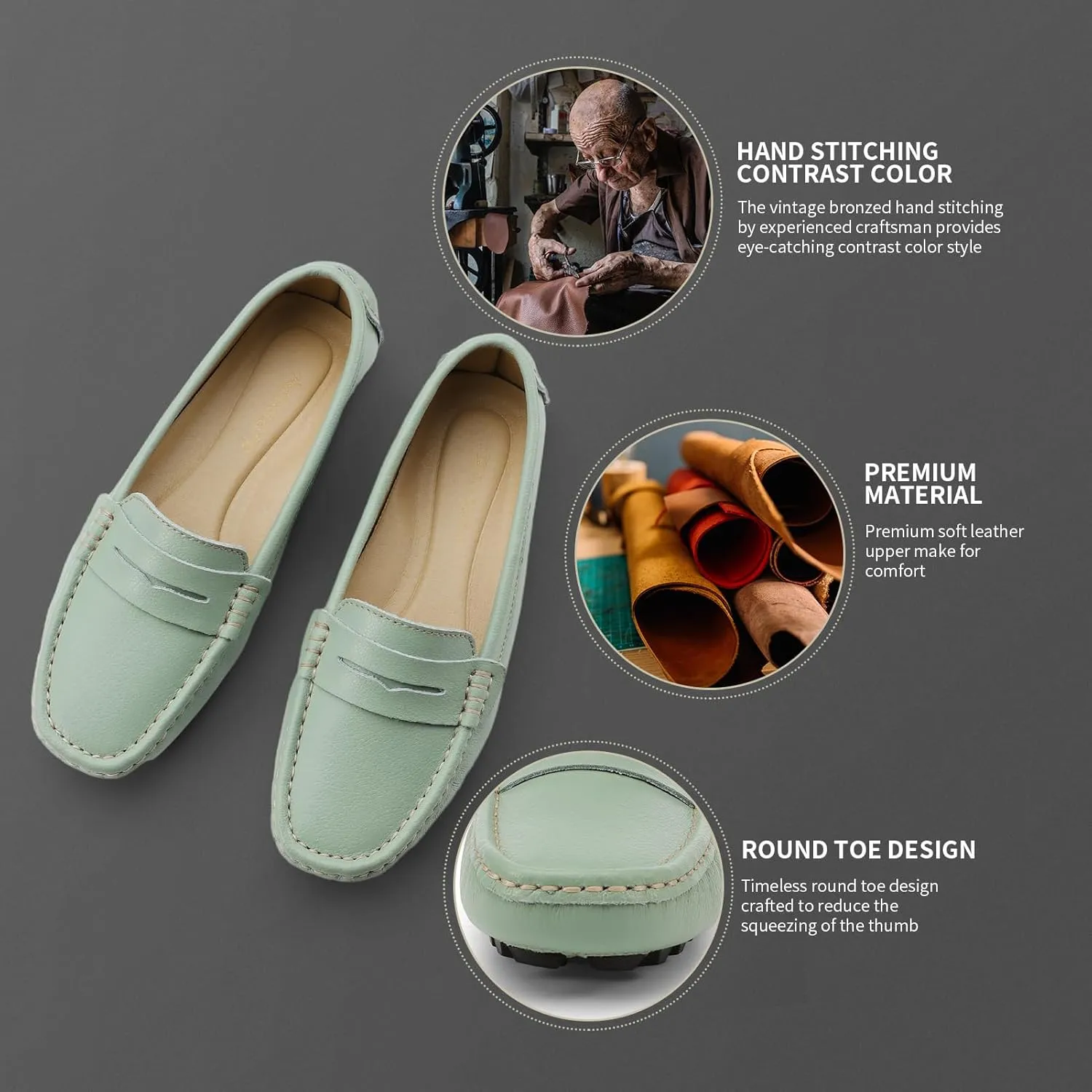 Artisure Women's Classic Comfort Leather Penny Loafers Casual Slip-Ons Lightweight Walking Flats Driving Mocs Boat Shoes