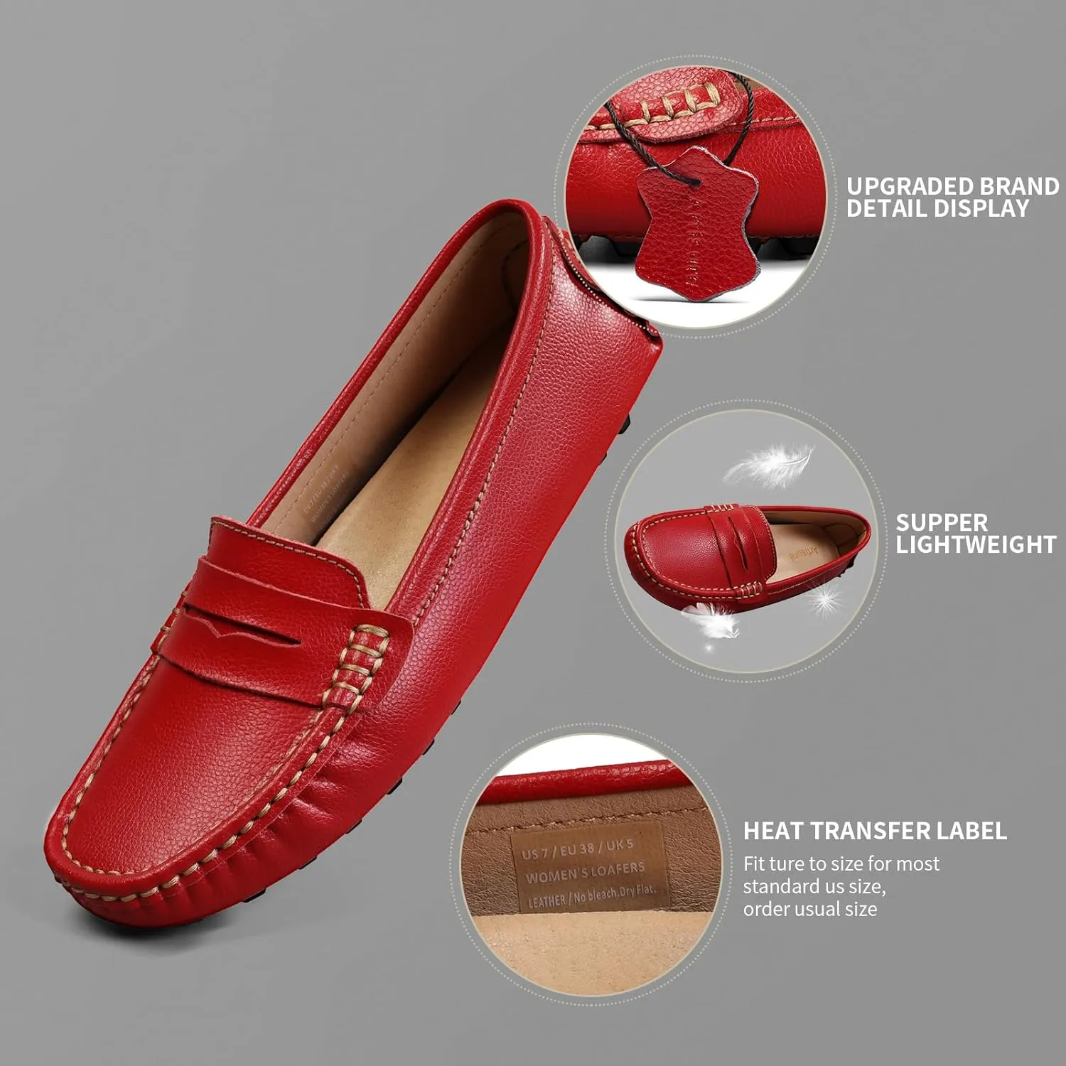 Artisure Women's Classic Comfort Leather Penny Loafers Casual Slip-Ons Lightweight Walking Flats Driving Mocs Boat Shoes