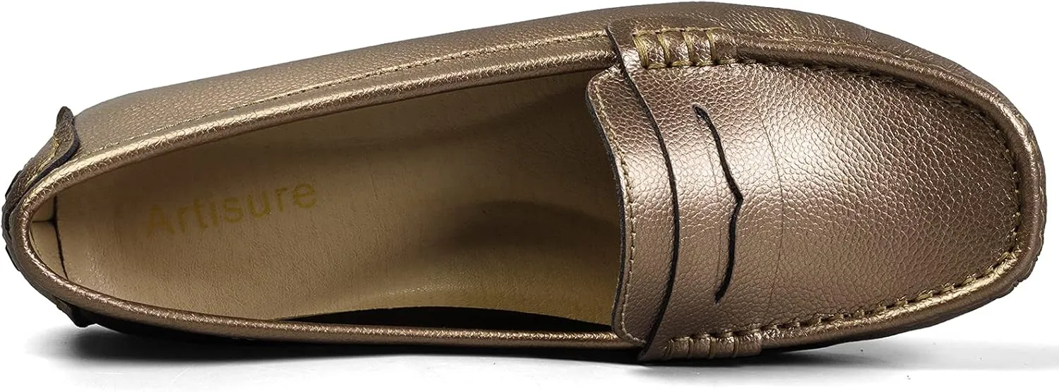 Artisure Women's Classic Comfort Leather Penny Loafers Casual Slip-Ons Lightweight Walking Flats Driving Mocs Boat Shoes