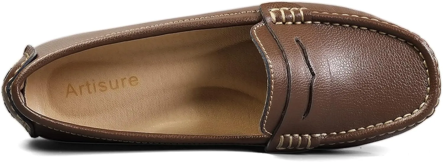 Artisure Women's Classic Comfort Leather Penny Loafers Casual Slip-Ons Lightweight Walking Flats Driving Mocs Boat Shoes