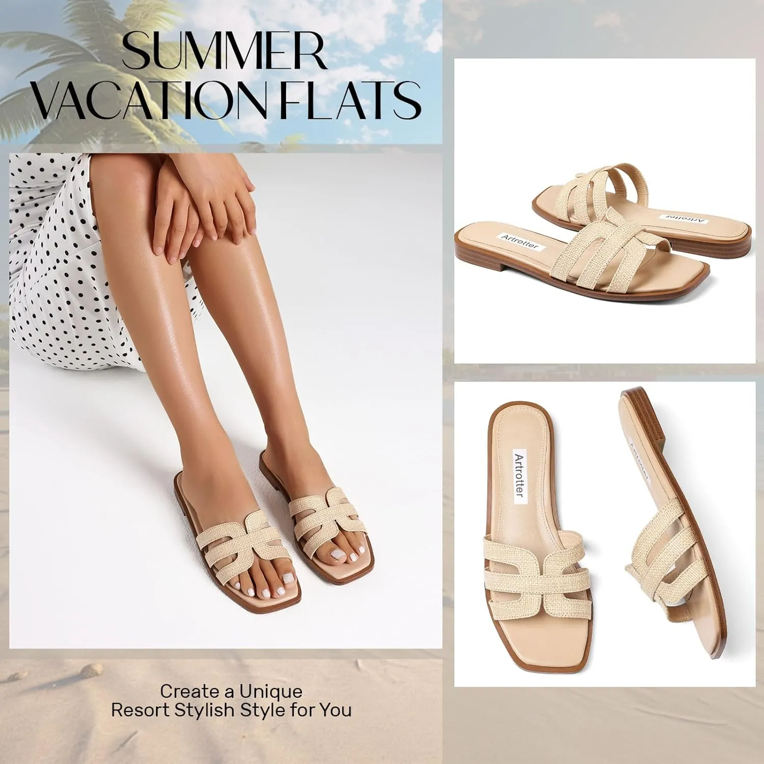 Artrotter Slides Beach Sandals for Women Comfortable Vacation Summer Shoes for Women Flat Sandals