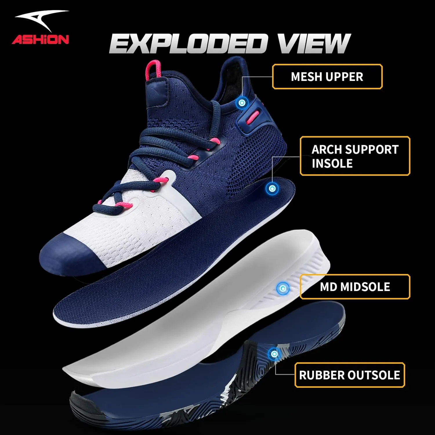 ASHION Men Basketball Shoes Arch Support Mens Sneakers Anti Slip Breathable Comfortable High Top Sports Running Walking Tennis Shoes
