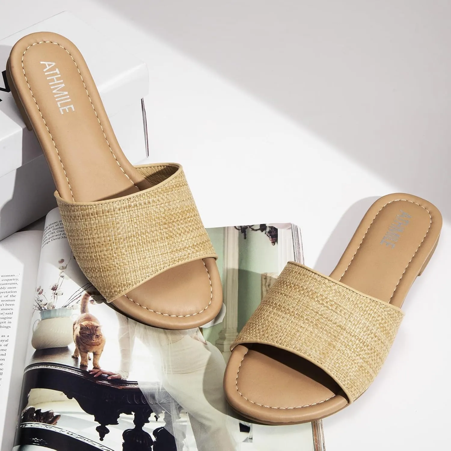 ATHMILE Sandals for Women 2025 One Band Womens Sandals Dressy Open Toe Flats Summer Slides for Casual Party Cute Beach