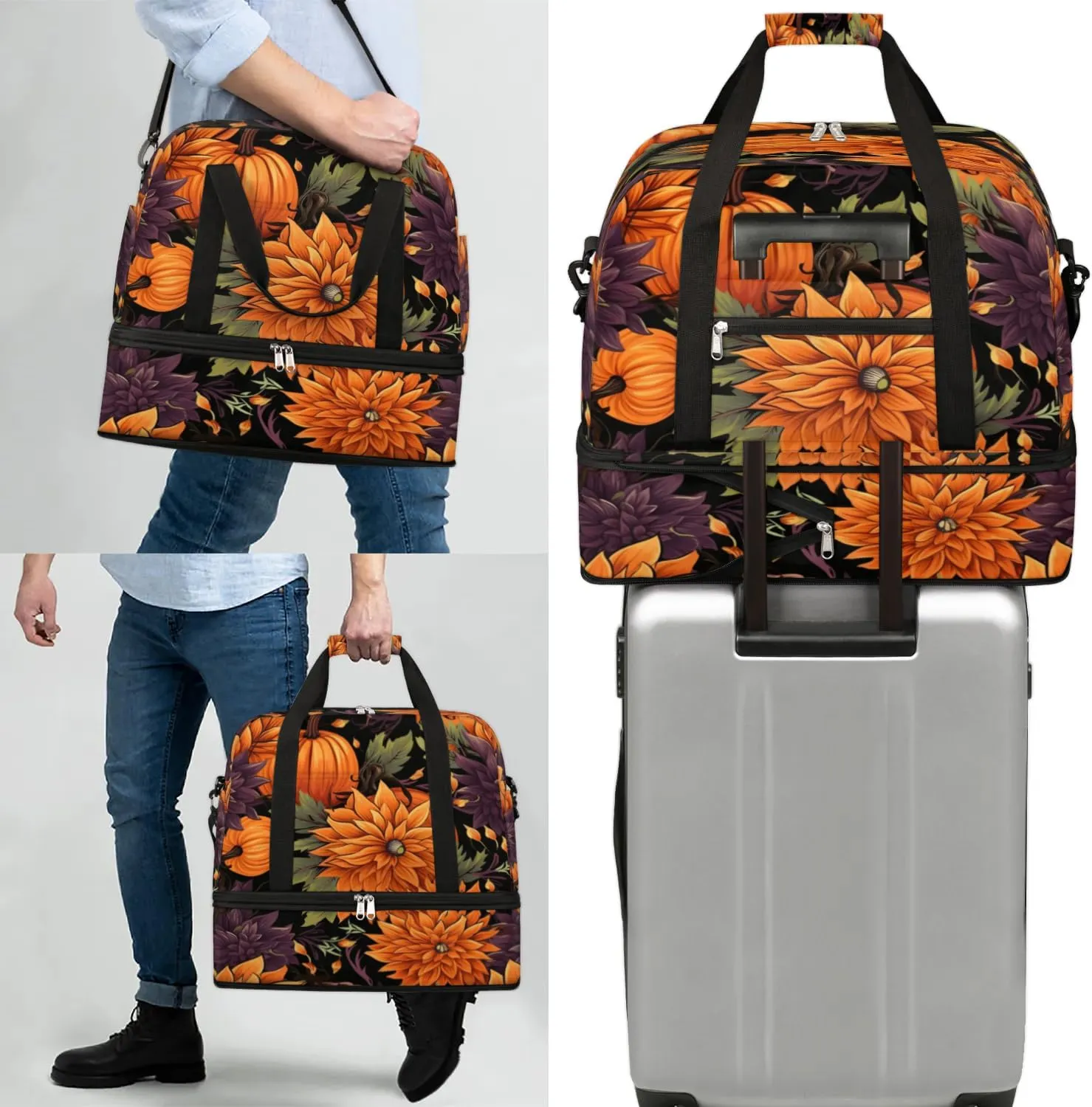 Autumn Pumpkin Flower Sports Gym Bag with Shoes Compartment Foldable Travel Duffel Bag Dry Wet Separated Sports Tote Workout Weekender Overnight Bag for Women Yoga Dance Work Training Handbag