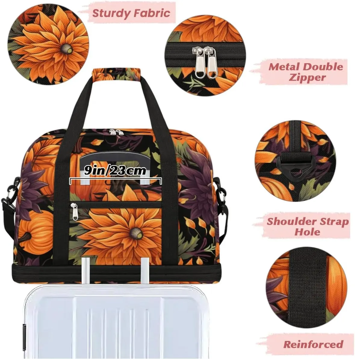 Autumn Pumpkin Flower Sports Gym Bag with Shoes Compartment Foldable Travel Duffel Bag Dry Wet Separated Sports Tote Workout Weekender Overnight Bag for Women Yoga Dance Work Training Handbag