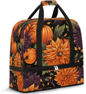 Autumn Pumpkin Flower Sports Gym Bag with Shoes Compartment Foldable Travel Duffel Bag Dry Wet Separated Sports Tote Workout Weekender Overnight Bag for Women Yoga Dance Work Training Handbag