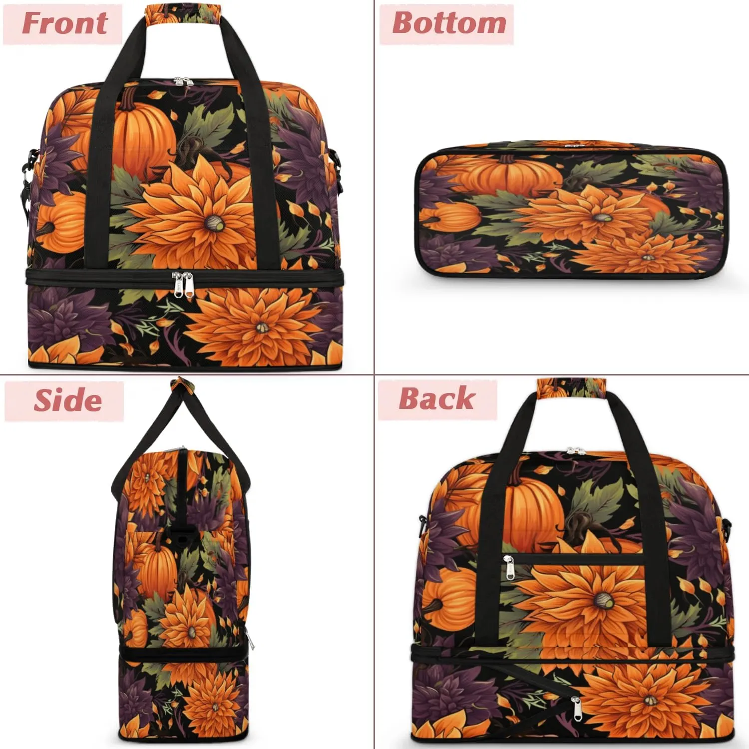 Autumn Pumpkin Flower Sports Gym Bag with Shoes Compartment Foldable Travel Duffel Bag Dry Wet Separated Sports Tote Workout Weekender Overnight Bag for Women Yoga Dance Work Training Handbag