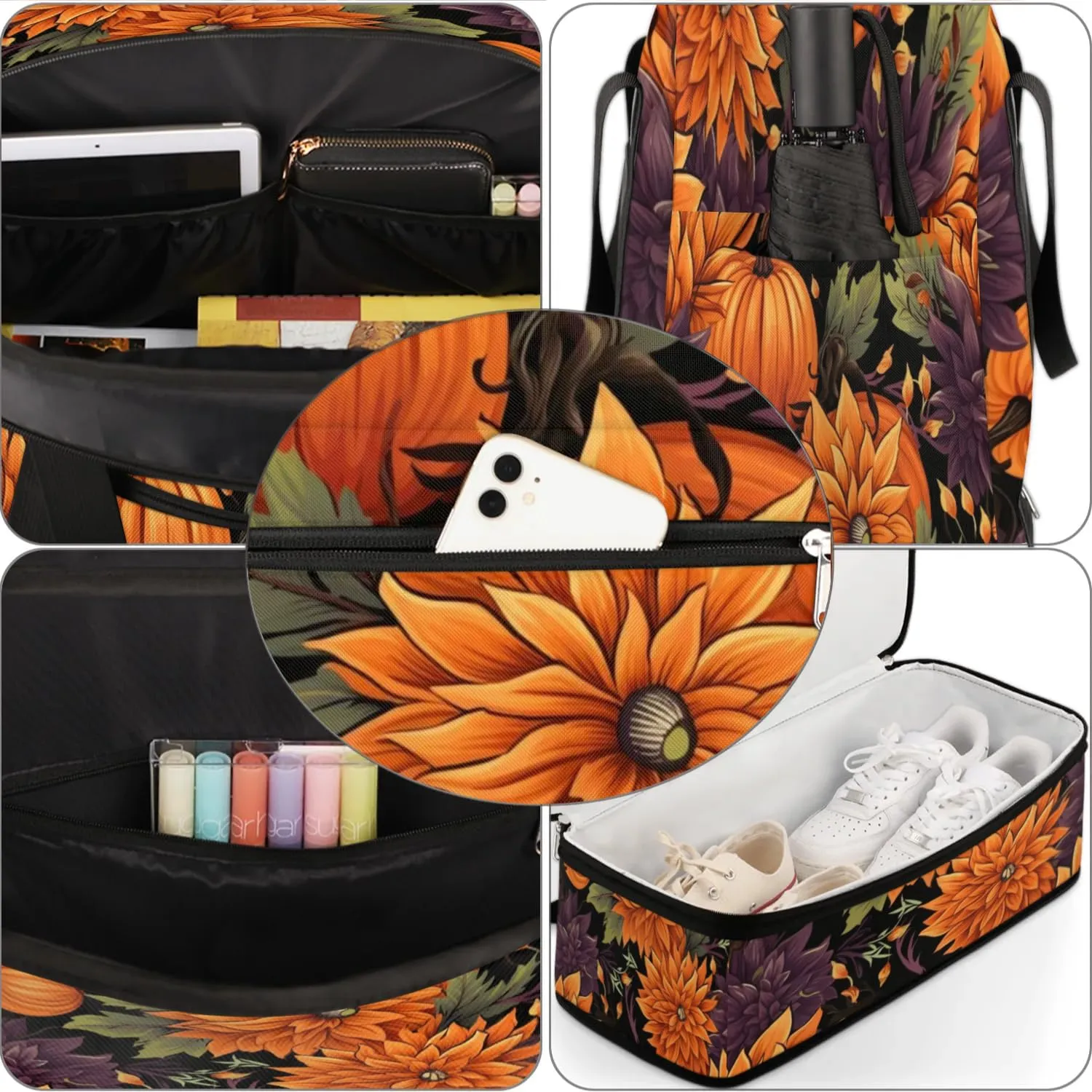Autumn Pumpkin Flower Sports Gym Bag with Shoes Compartment Foldable Travel Duffel Bag Dry Wet Separated Sports Tote Workout Weekender Overnight Bag for Women Yoga Dance Work Training Handbag