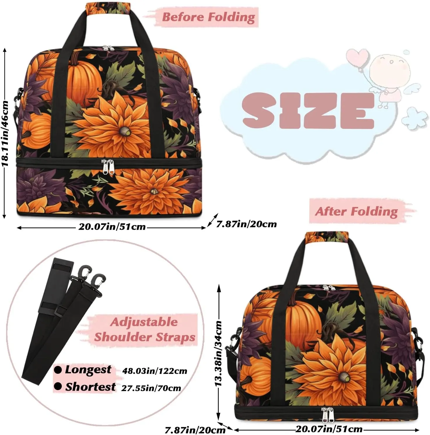 Autumn Pumpkin Flower Sports Gym Bag with Shoes Compartment Foldable Travel Duffel Bag Dry Wet Separated Sports Tote Workout Weekender Overnight Bag for Women Yoga Dance Work Training Handbag