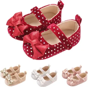 Baby Girls Dot Glitter Sandals Canvas Bow Strap Ankle Shoes Closed Toe Lightweight Indoor Soft Sandals for Newborn