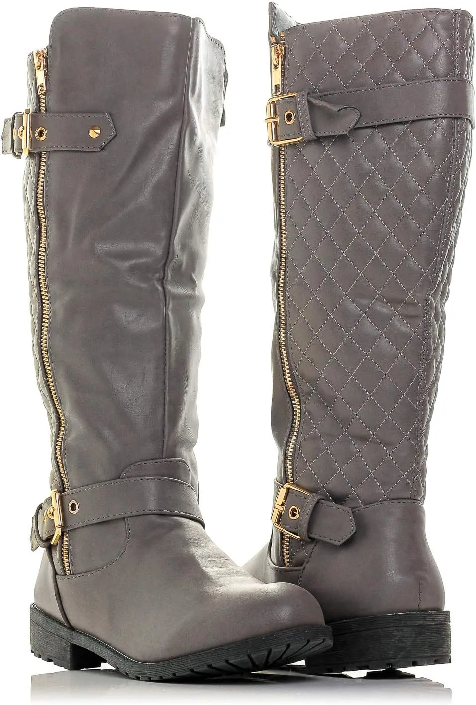 Bally-32 Women's Winkle Back Side Zip Vegan Knee High Riding Boots with Quilted Detail and Stacked Heel