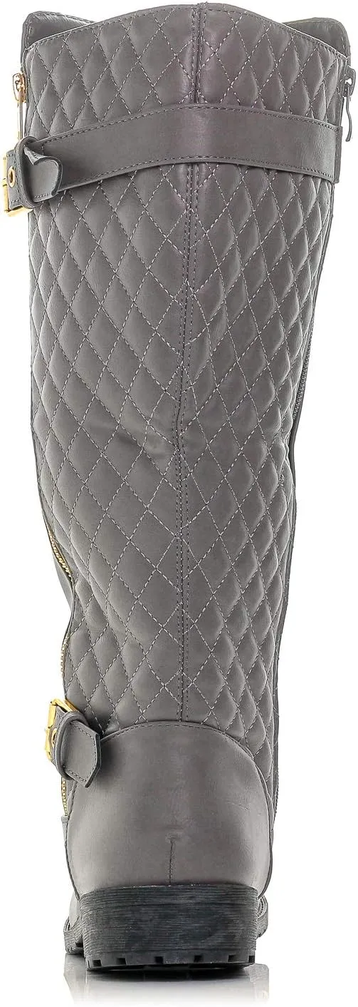Bally-32 Women's Winkle Back Side Zip Vegan Knee High Riding Boots with Quilted Detail and Stacked Heel