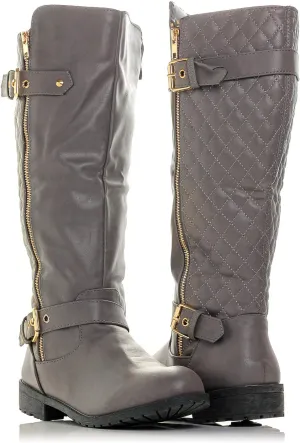 Bally-32 Women's Winkle Back Side Zip Vegan Knee High Riding Boots with Quilted Detail and Stacked Heel