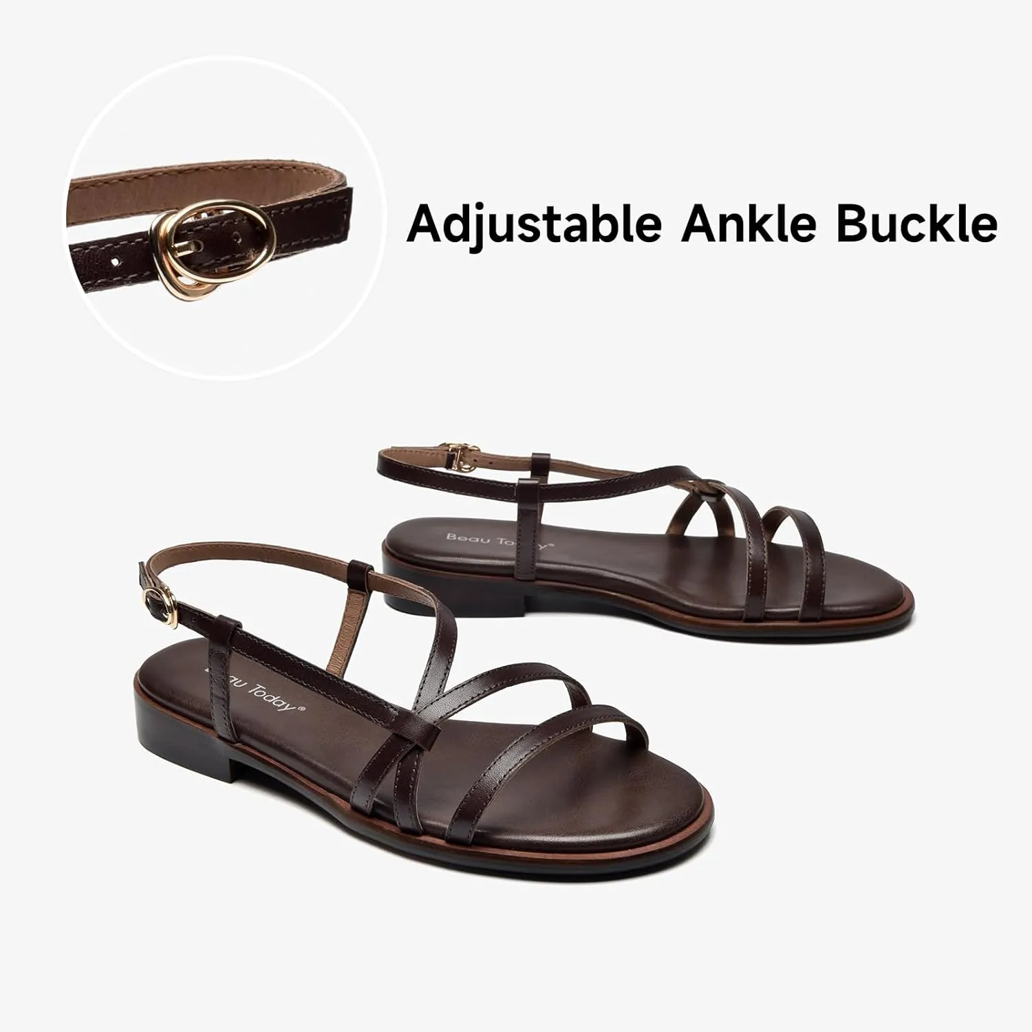 BEAU TODAY Flat Sandals for Women,Strappy Sandals for Women,Comfortable Leather Summer Sandals,Adjustable Casual Dressy Sandals with Open Toe for Vacation