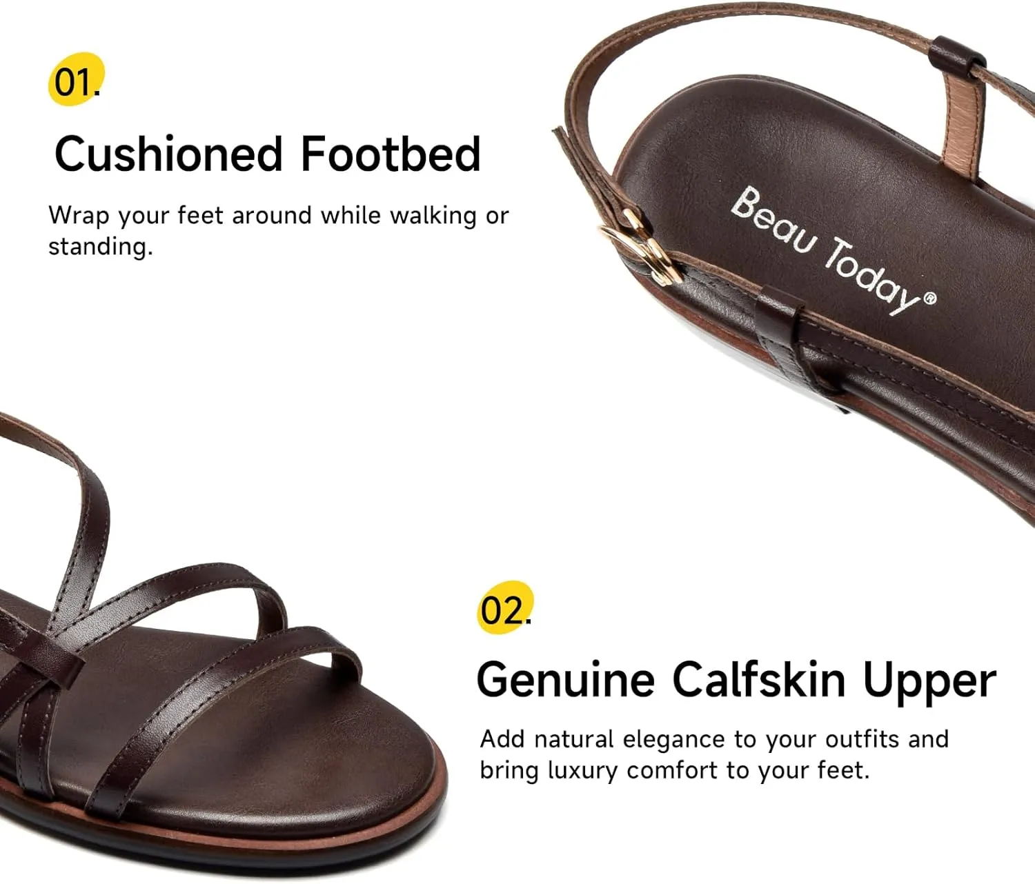BEAU TODAY Flat Sandals for Women,Strappy Sandals for Women,Comfortable Leather Summer Sandals,Adjustable Casual Dressy Sandals with Open Toe for Vacation