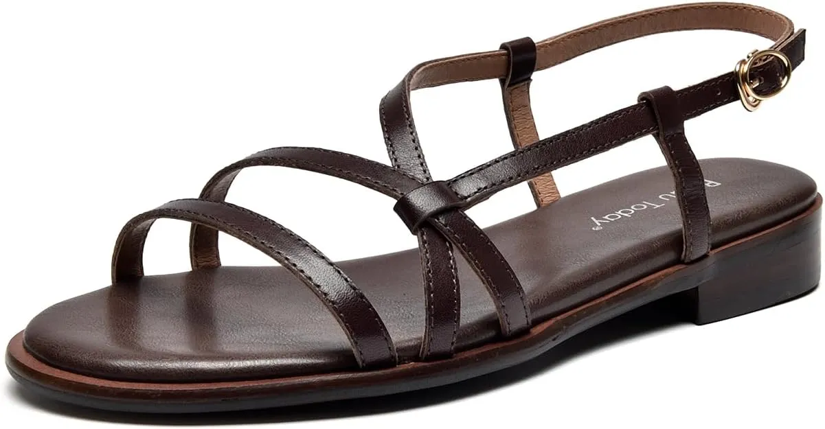 BEAU TODAY Flat Sandals for Women,Strappy Sandals for Women,Comfortable Leather Summer Sandals,Adjustable Casual Dressy Sandals with Open Toe for Vacation