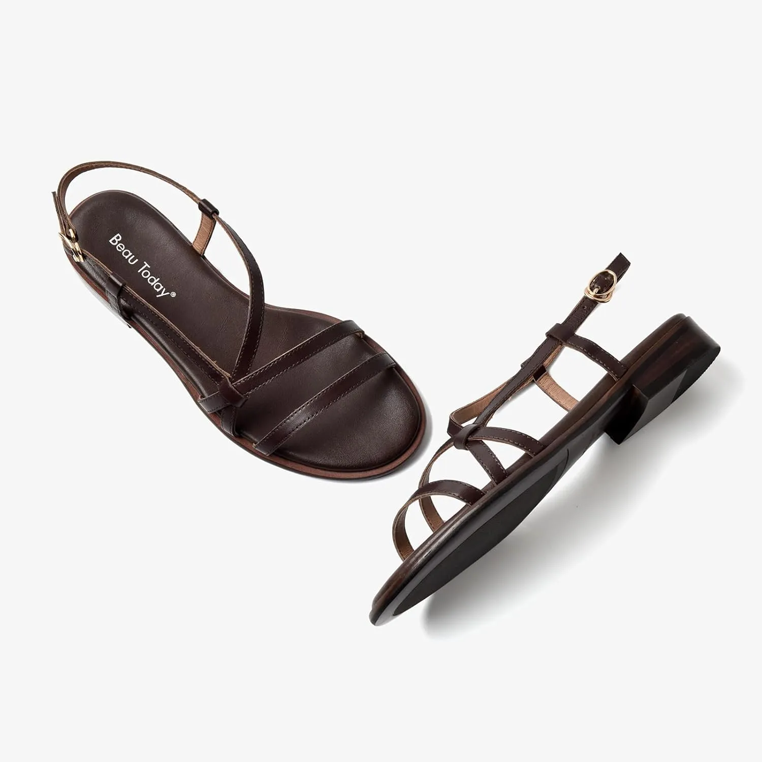 BEAU TODAY Flat Sandals for Women,Strappy Sandals for Women,Comfortable Leather Summer Sandals,Adjustable Casual Dressy Sandals with Open Toe for Vacation