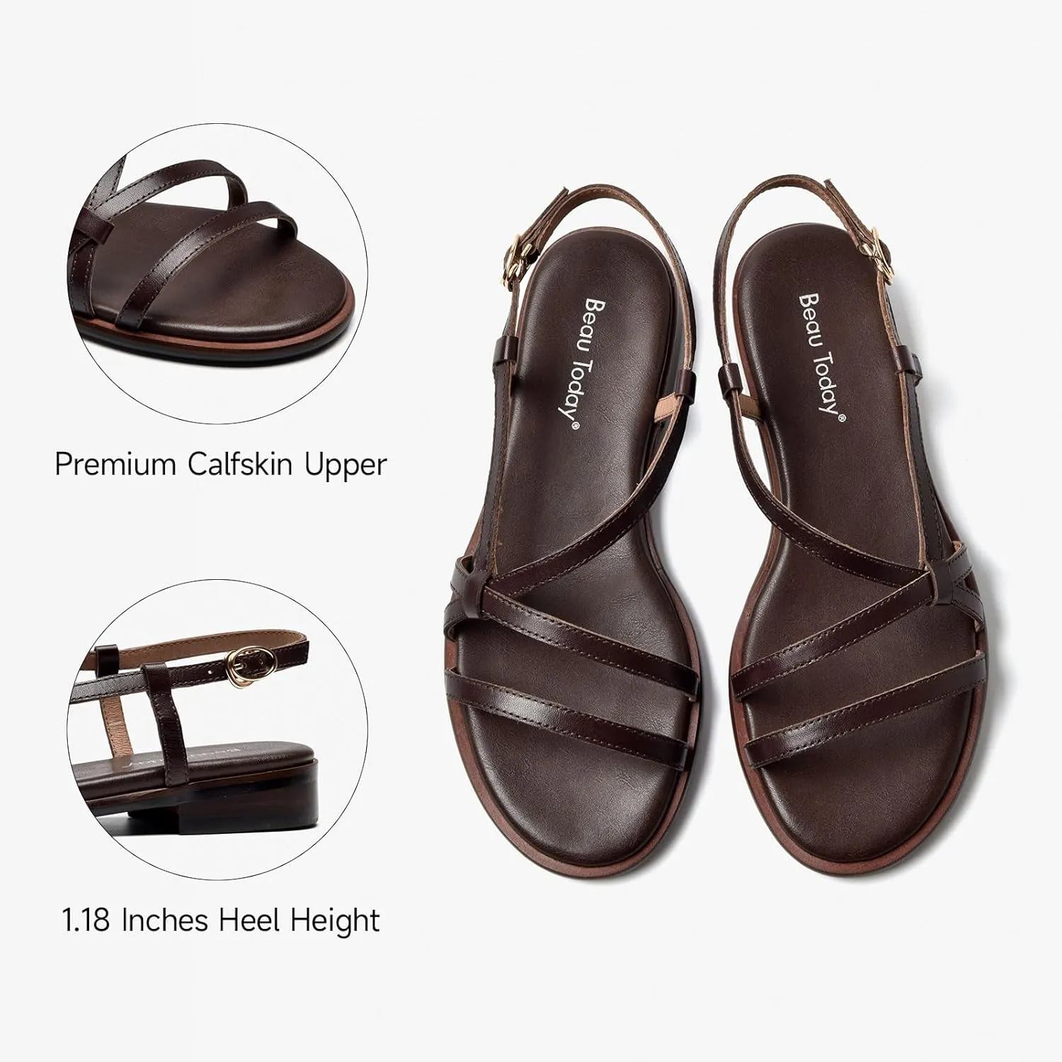 BEAU TODAY Flat Sandals for Women,Strappy Sandals for Women,Comfortable Leather Summer Sandals,Adjustable Casual Dressy Sandals with Open Toe for Vacation