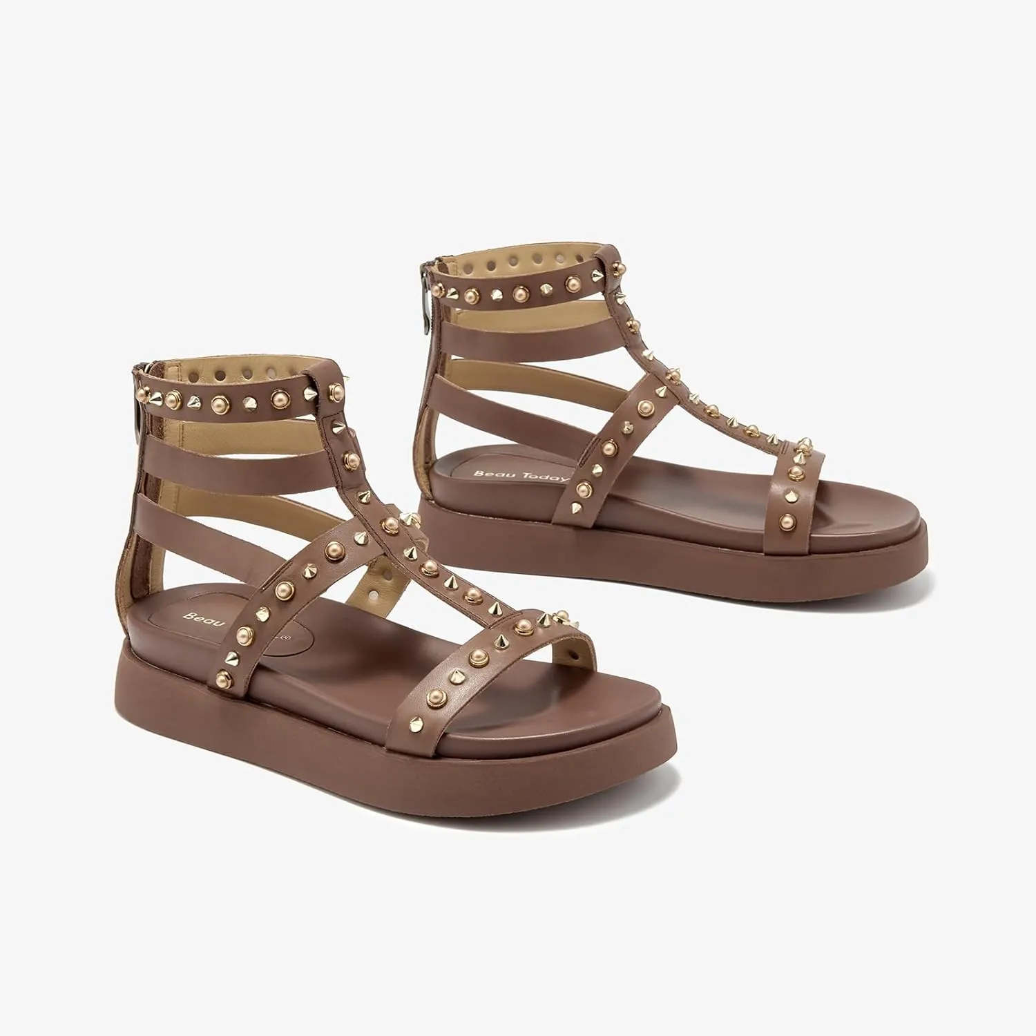BEAU TODAY Gladiator Sandals for Women, Platform Studded Sandals Women, Comfortable Leather Walking Shoes, Ladies Summer Beach Shoes Dressy Casual Wedding