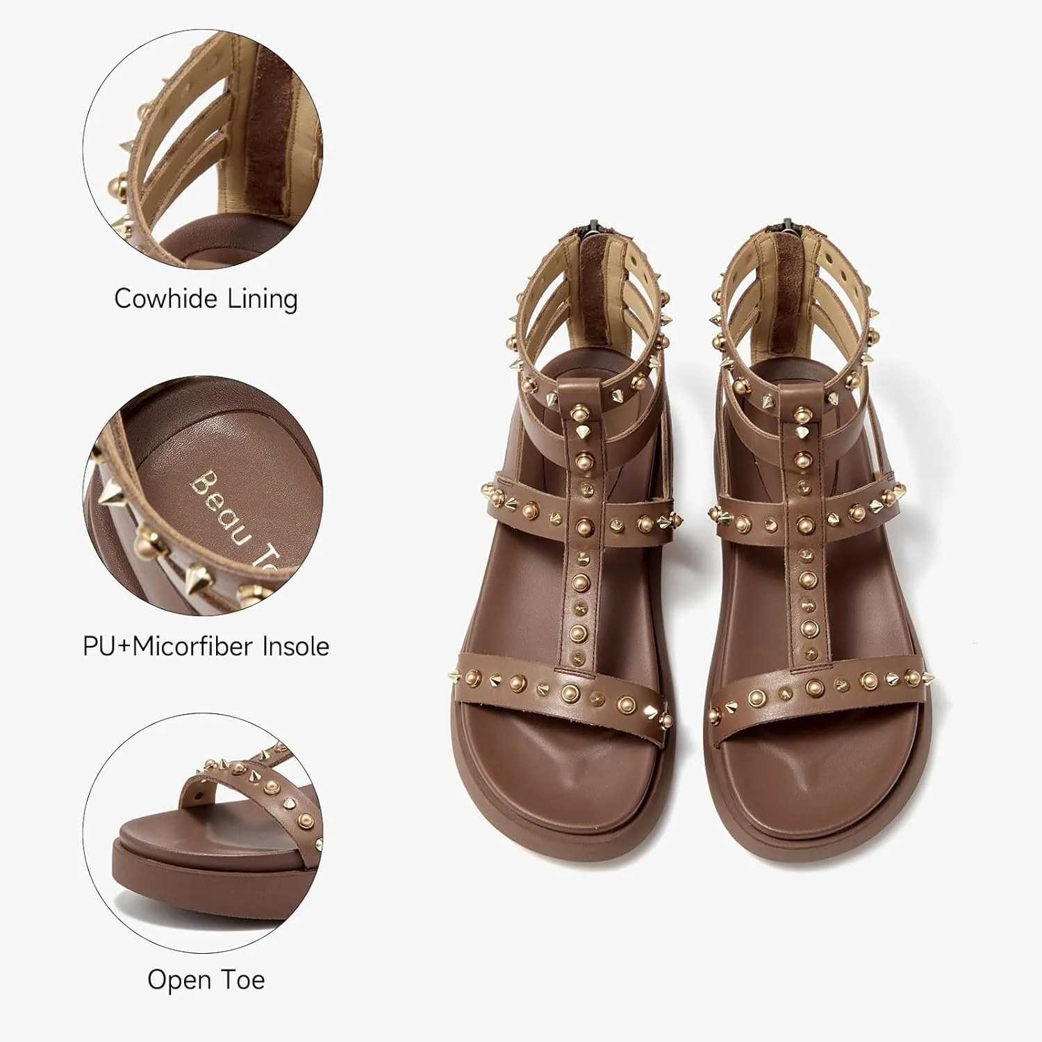BEAU TODAY Gladiator Sandals for Women, Platform Studded Sandals Women, Comfortable Leather Walking Shoes, Ladies Summer Beach Shoes Dressy Casual Wedding