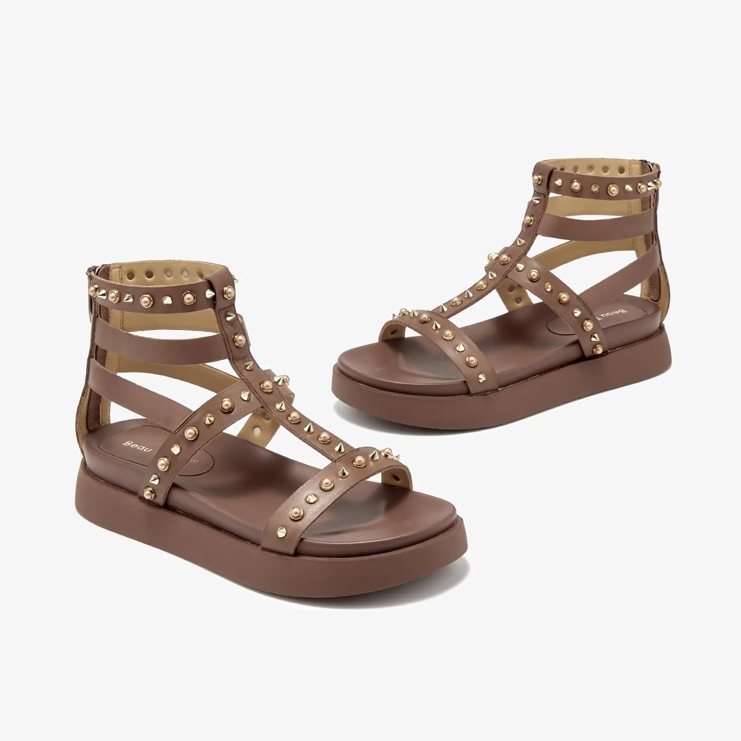 BEAU TODAY Gladiator Sandals for Women, Platform Studded Sandals Women, Comfortable Leather Walking Shoes, Ladies Summer Beach Shoes Dressy Casual Wedding