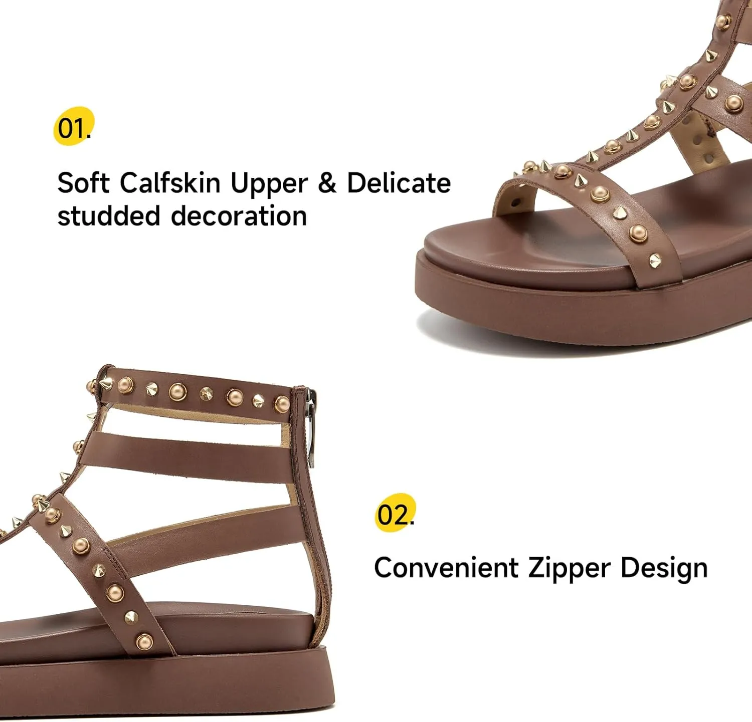 BEAU TODAY Gladiator Sandals for Women, Platform Studded Sandals Women, Comfortable Leather Walking Shoes, Ladies Summer Beach Shoes Dressy Casual Wedding