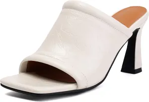 BEAUPAS Women's Square Toe Mule Sandals Block Heel Slip On High Heels