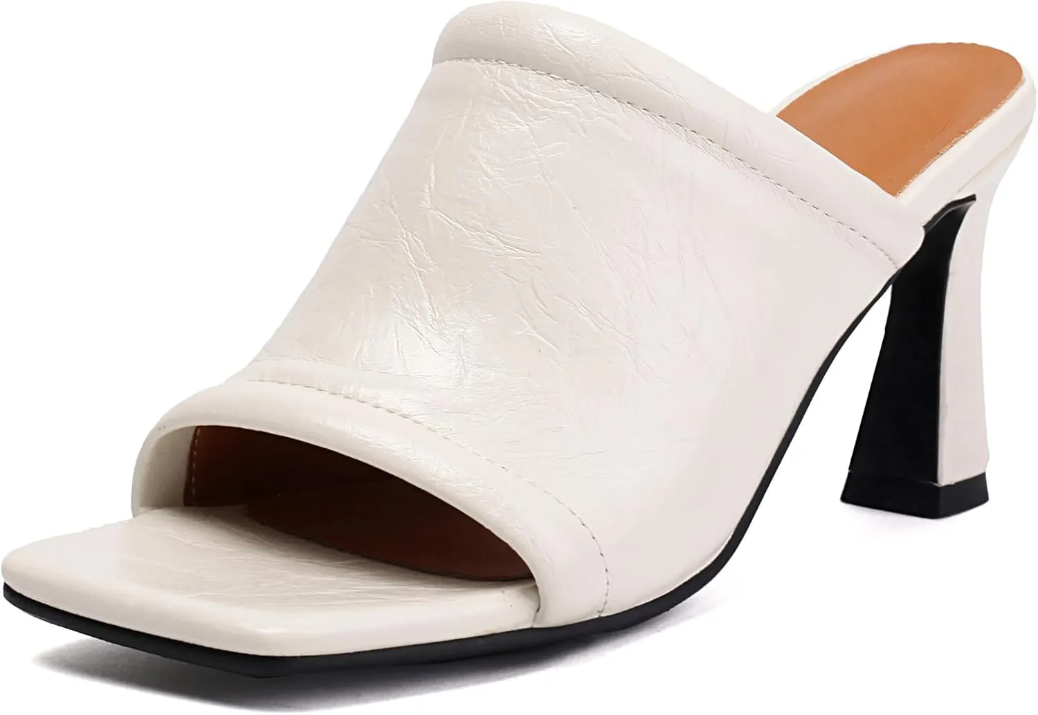 BEAUPAS Women's Square Toe Mule Sandals Block Heel Slip On High Heels